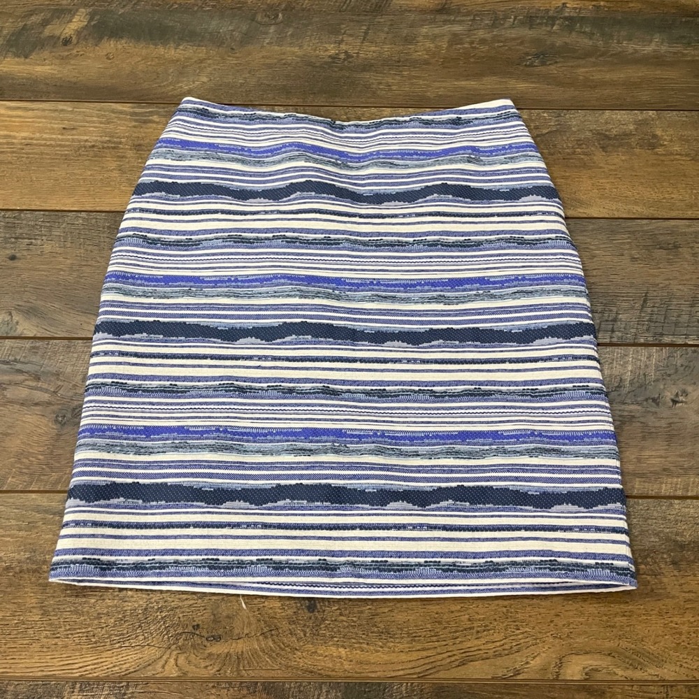 J. McLaughlin Blue White Striped Textured Pencil Skirt Size 10 Lined Zip Preppy